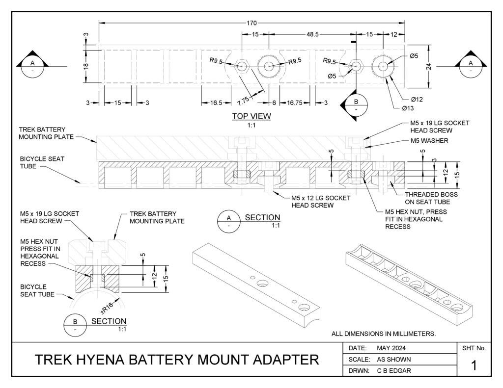 Drawing of bicycle battery mount adapter
